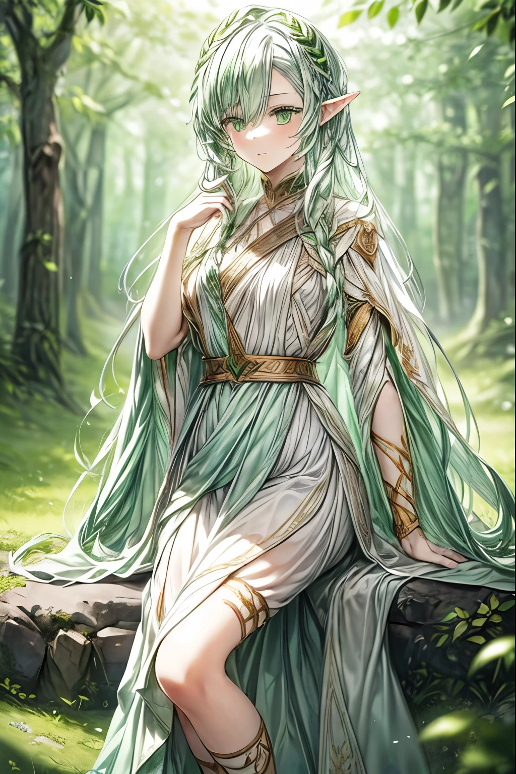 (masterpiece, best quality, perfect face, expressive eyes), 1girl, long green hair, green eyes, (elf ears), white goddess attire, full body, elven art, (green laurel wreath), intricate details, highly detailed, adult, fantasy, cinematic lighting, dramatic shadows, vibrant colors, digital painting, concept art, full body, leaf motifs, forest motifs,