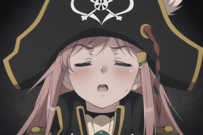 masterpiece, best quality, 1girl, detailed face and eyes, big breasts, cleavage, Katou Marika, (black pirate costume), long coat, (black pirate hat), looking at the viewer, facing the viewer, (aroused facial expression), closed eyes, open mouth, blush, sweat, (simple dark background), view from below