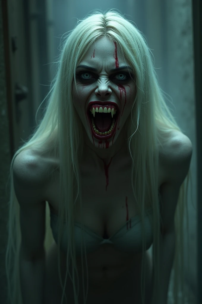 man ultra realistic horror film  ,slasher movie,behind a blonde woman crawling on the floor in a bloody outfit screaming, in the ultra realistic hallway, , ultra realistic very detailed slasher scene,very realistic night with very realistic red sky,very detailed very dark city,hyperrealistic,hyperdetailed,4k,image from horror halloween movie