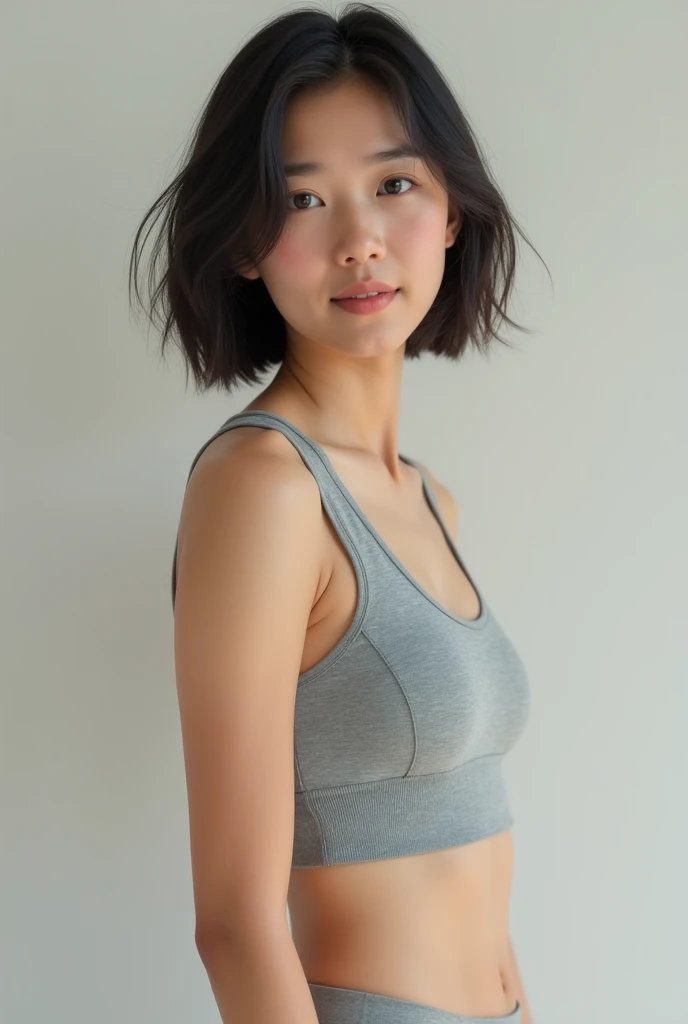 Realistic photos of shoulder length hair, ponytail, light makeup, bangs, (small), clear facial features, 8K high resolution, sharp and realistic details, full body, own room, changing (in underwear), during changing clothes, f/4.0, 135mm, Fujifilm, jpeg artifact, dithering, UHD, masterpiece, blur, underwear with a floppy design,