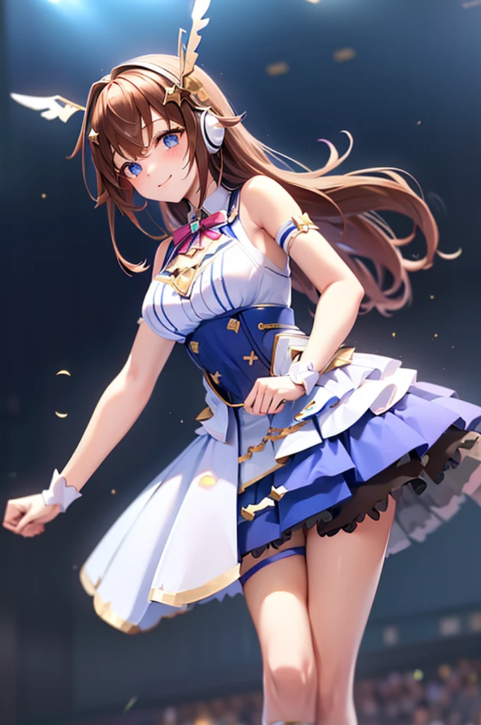 Mecha Wings、White and blue skirt、Golden Line、Pink ribbon、Thighs、tights、chest、Black Hair、1 girl、Solo Girl、IS、Frame Arms Girl、Alice Gear Aegis、Blue Armor、income、headphone、hand on own chest、smile、idol woman、idol dress