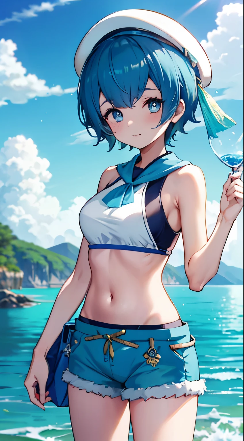 Blue Hair，Blue Eyes，Short hair，beauty，Blue Sling Bikini，Green shorts，Seaside background，Water Lily【Pokemon】，hat，Chinese high school students，Large Breasts，beauty