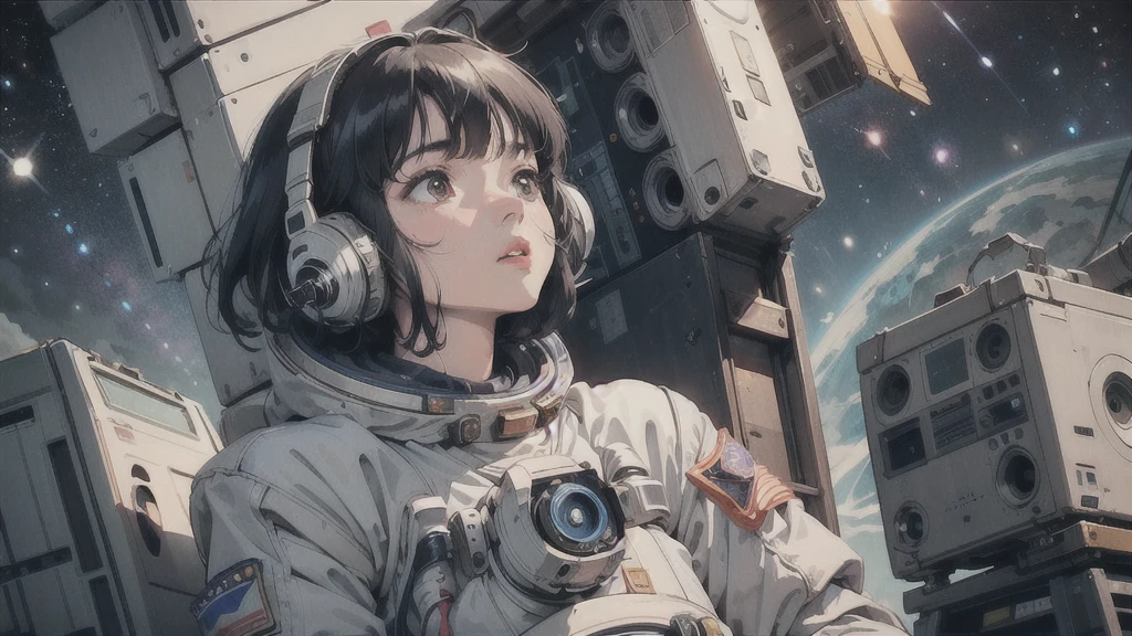 universe space、A beautiful woman is looking up into space、Space Suit、There is an old cassette radio nearby.、Space Suitを着た犬が近くにいる
