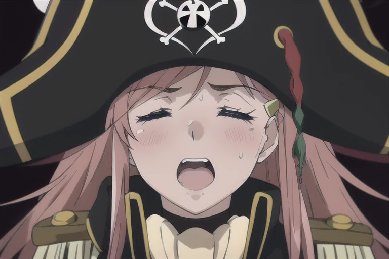 masterpiece, best quality, 1girl, detailed face and eyes, big breasts, cleavage, Katou Marika, (black pirate costume), long coat, (black pirate hat), looking at the viewer, facing the viewer, (aroused facial expression), closed eyes, open mouth, scream, blush, sweat, (simple dark background), view from below