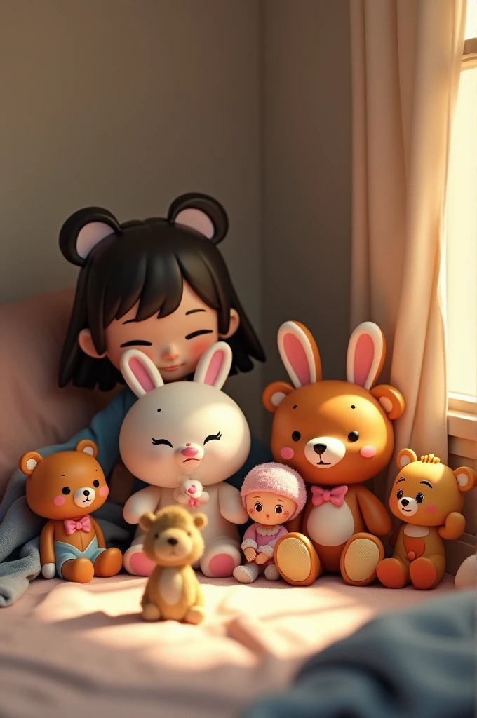 (NSFW:1.5) Cute Smol Happy 1Girl hugs her solo Cute Happy Eevee + Pokemon, Eevee hides in Girl's pajamas to show her head outside, warm lights, love, cozy bedroom, colorful, (close eyes) +, blanket --auto --s2