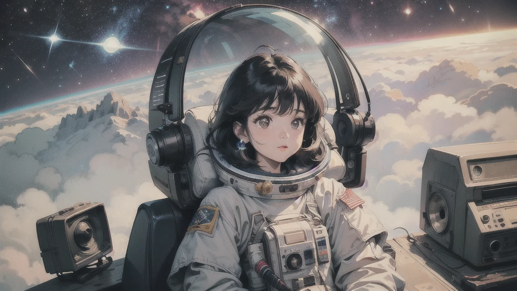 universe space、A beautiful woman is looking up into space、Space Suit、There is an old cassette radio nearby.、Space Suitを着た犬が近くにいる
