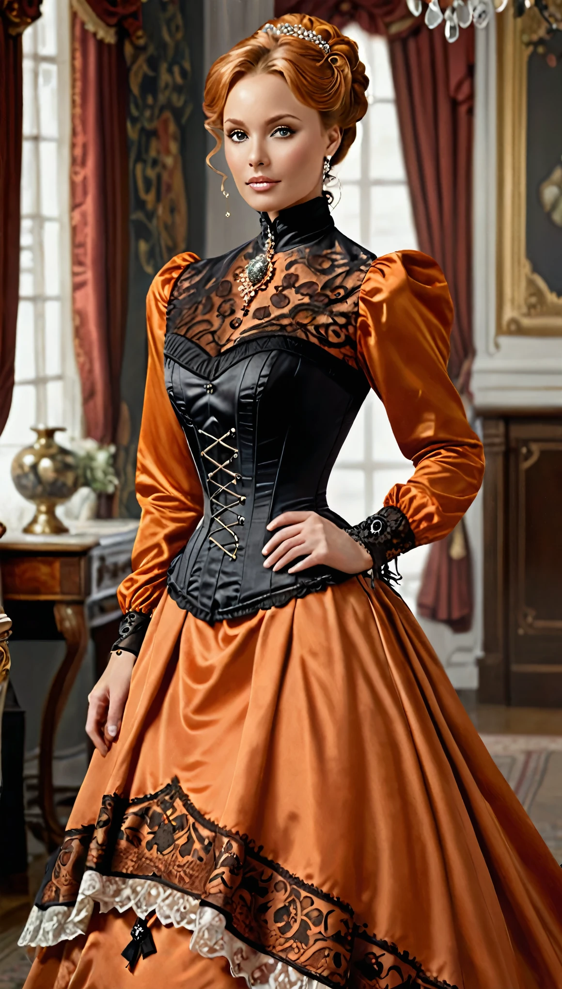 A beautiful Aristacrat woman with large elegant, hawk-like-nose, who embodies old fashioned class, sophistication, elgance as well as wholesome, natural beauty. curvy, thin-waist, wide-hips, swaying-hips. Laura Vandervoort. Oppulent historically accurate high closed  orange victorian dress with turtleneck. She is wearing a black corset, super tiny waist, hochgeschlossenes KleidGreg Rutkowski, Thomas Kinkade
Solo, Den Betrachter ansehend, Lächeln, Offener Mund, Rote Haare, Große Brüste, Ohrringe, Kristallohrringe, Den Betrachter ansehend, Lächeln, Offener Mund, frontview
