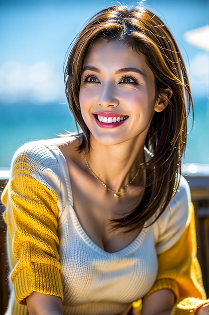 table top, highest quality, Photoreal, finely, High resolution, 8k wallpaper, perfect dynamic composition, sharp focus, surreal, beautiful and fine eyes, medium hair, big and full breasts, random sexy poses, chest to chest, (Beige tight O-neck knit tank top, wide open cleavage:1.4, High-cut pants), ((chest bulge:1.2,(emphasize cleavage, Tank top with a clearly visible chest shape:1.3)), laughter, open your mouth, resort scenery, 25 years old, (drooling eyes:1.4), Adult beauty, Japanese, Simple Chain Necklace, big earrings, Photographed from the front