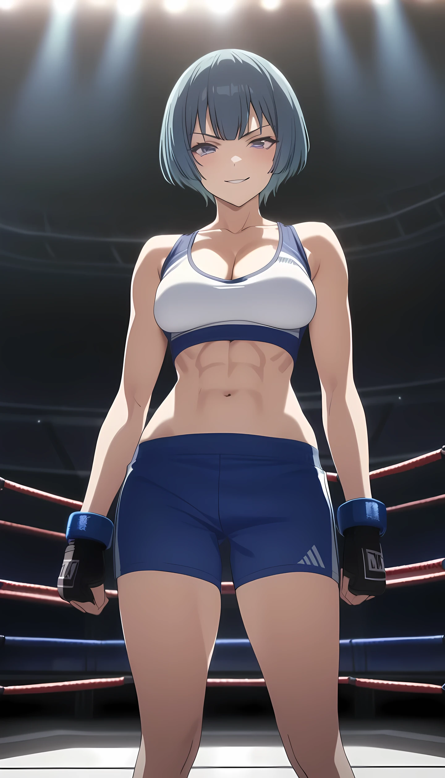 ibuki, 1girl, short hair, bangs, blue hair, purple eyes, midium breast, masterpiece, best quality, (wearing sexy sports wear:1.5, navel, cleavage, slim abs, bare legs), (on MMA Arena :1.5), smirk, Toned stomach, looking at viewer,stage lighting, Ultra HD,Detailed eyes,Detailed face, cowboy shot, anime screencap, realistic background,