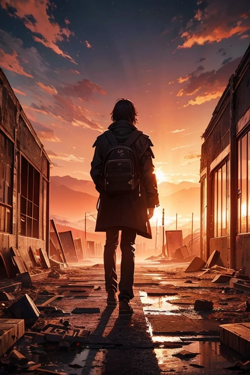 A post-apocalyptic man with a backpack is crossing a run-down road, from behind, blurry foreground, best quality