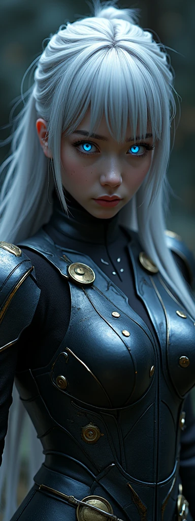 dynamic series of drawings showing a silver haired and blue eyed warrior girl., 8k, ultra high res, ultra detailed, hd,(well designed face), amazing face, (super detailed), beautiful eyes, soft lighting,, outdoors, streets,, URUSHISATO,1980s,, beautiful detailed eyes,mechanical parts, asymmetrical hair,thigh highs, latex suit,cleavage,