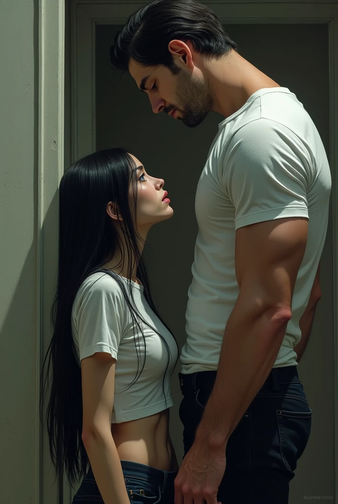   Swarthy Asian Girl with dark brown hair in tight-fitting narrow jeans with man behind hands on girl buttocks 