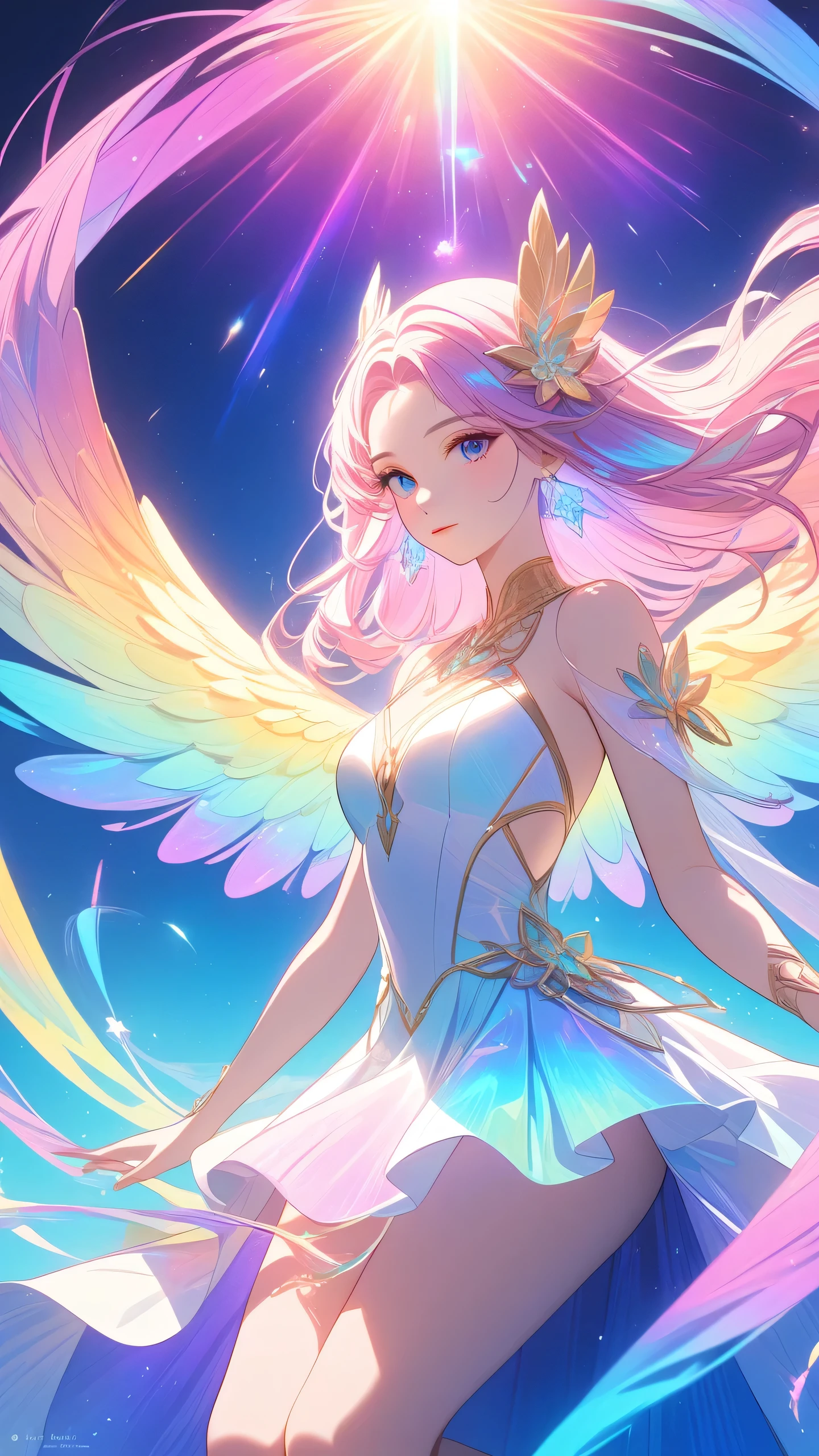 1girl, celestial being, chromaticaberration, prismatic, holographic, ethereal, divine, goddess, fantasy, mystical, magical , intricate details, shimmering, iridescent, glowing, shining, luminous, otherworldly, surreal, dream-like, cosmic, ethereal atmosphere, dramatic lighting, cinematic, volumetric lighting, dramatic shadows, vibrant colors, neon, glowing orbs, floating energy, whimsical, elegant, serene, peaceful, mesmerizing,