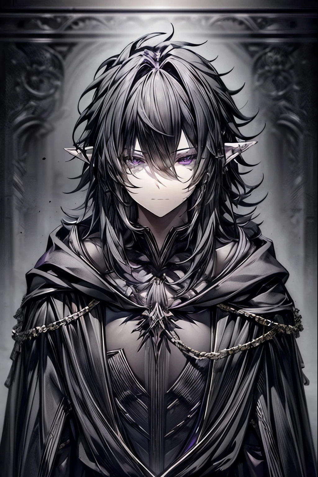 (masterpiece, best quality, perfect face, expressive eyes), 1boy, (male), purple eyes, elven ears, ((black hood)), ((black priestly robes)), elven art, (black wreath), intricate details, highly detailed, adult, fantasy, cinematic lighting, dramatic shadows, vibrant colors, digital painting, concept art, full body, gothic theme, crypt theme, 