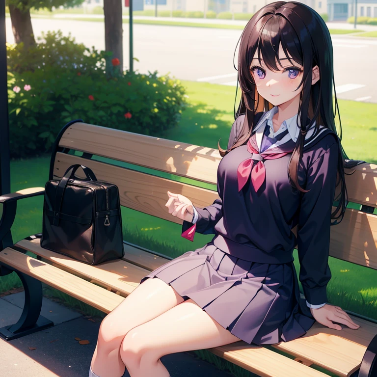 (top-quality、in 8K、32K、masterpiece、nffsw、ighly detailed、Impresionismo:1.2)、Full body, (Superb view cherry blossom garden in full bloom:1.4)、beautiful shadow、beauitful face、blurry backround、16-year-old beautiful girl、shinny skin, Beautiful black hair、Blunt bangs、 side poneyTail、Brown eyes、a sailor suit、pleatedskirt、Black socks、Black shoes、A smile、Pink Panties、thighs thighs thighs thighs、from the front side、Opening legs、