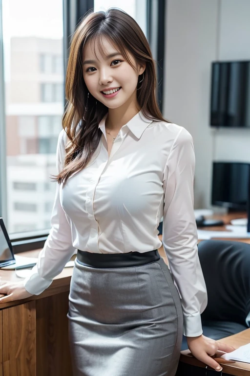 Real Photo, detailed, beautiful, RAW Photos, Cowboy Shot, Cute Japanese girl, 26yo, light smile, blouse, business suit, Tight skirt, office, Stylish working space, business, Vibrancy, Natural light from large windows, (best shadow)