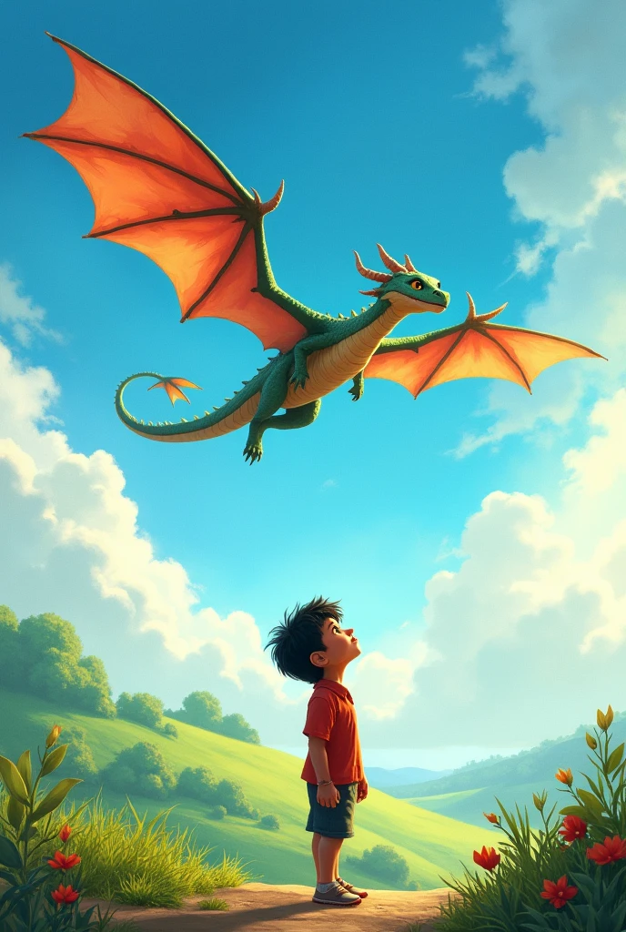 <lora:妿å¯ä»¥ï¼è¯·ææçå¨ç«¥å¹´é:0.75> children's illustration, a dragon flying above a mountain landscape