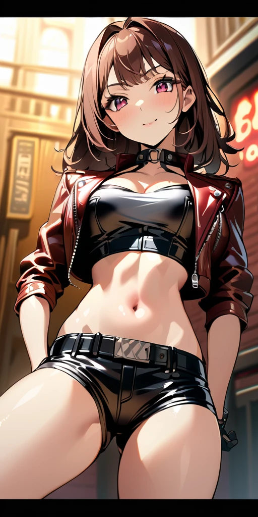 masterpiece,best quality,high resolution, 1 busty thick girl,From below,(The legs are thickn and straight),,(Very long legs,Straight Legs),,High heel,Long legs,stand up, Leg length from the front, Perfect body,Have perfect legs,(bait),whole body女,Cyberpunk Characters,Dynamic poses,1 busty girl,Exquisite eyes,Brown eyes,Eyeshadow,cosmetics,Long gray hair, Delicate face, Delicateeyes, Looking at the audience, Blush Blush\(cosmetics\), Full lips, Red lips,(Long pink hair:1.3), (stand up)Mechanical static,Mechanical Summoning,(Hair accessories:1.1),City,Luminous clockwork,,Cyberpunk Lights:1.1),Small face,Clear face,(Glowing skin:1.5),(Pale skin),Red lips,((Shoulder-length hair)),((Black straight bob)),Slim,Thin,Smile,Happy,(Black bikini top :1.3),(Under the coat is a black hip-hugging dress mini skirt),(Long legs:1.2),(Sheer black suspenders:1.2),(High heel:1.1),(cloudy:1.5),Dim Lights,(permanent:1.5),High-rise buildings,On the commercial street,(whole body:1.2),From the front,(rain:1.5),winter,Day scene,(Close shot:1.2),(Cowboy shooting:1.2),(Snow and mud on the ground),frog,haze,(Wet hair and clothes:1.5)