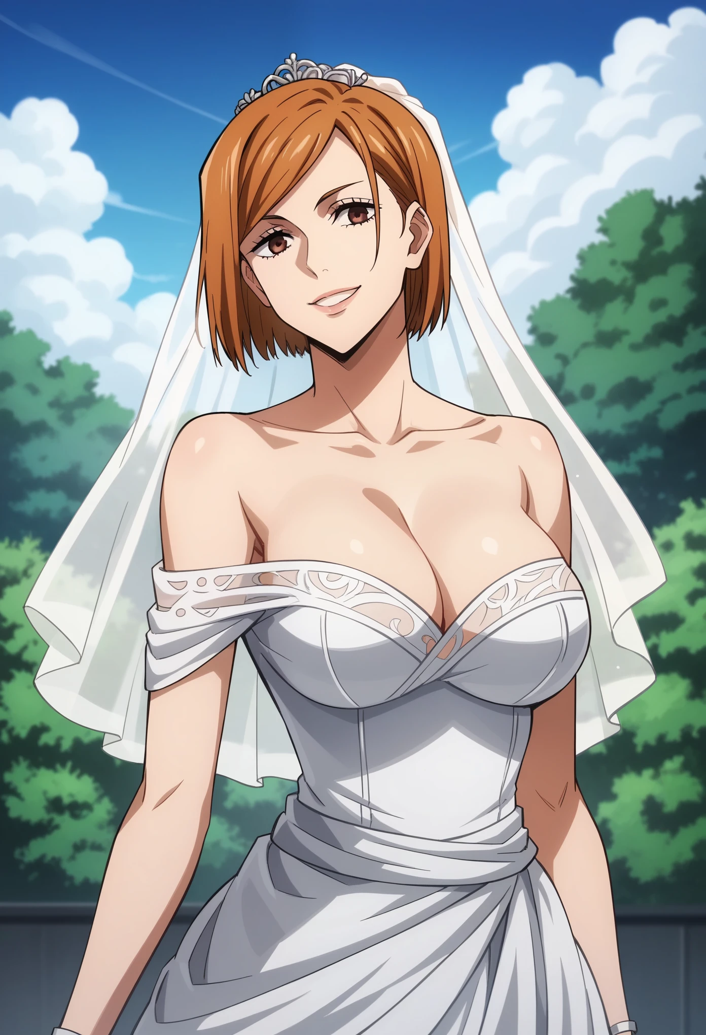 score_9, score_8_up, score_7_up, source_anime, 1girl,solo, nobara kugisaki, kugisaki nobara, bob cut, brown eyes, brown hair, lips, short hair, looking at viewer, wedding dress, wedding veil, off shoulder, cleavage, smile, wedding ring, outdoor, sky, standing, cowboy shot, smile, big breasts, anime screencrap