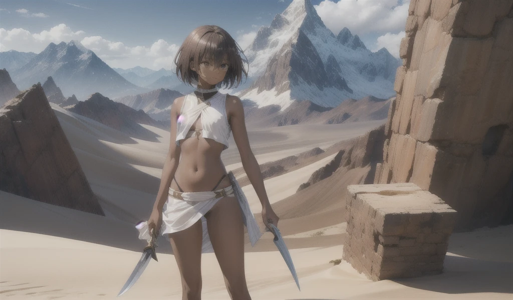 lacus4, (age girl, small bikini, battlefield, hand on hip, 4K, Best Quality, Realistic style: 1.5, determined expression, Adult Woman, (ultra detailed face), (ruins, smoky background), Dramatic shadows, high resolution, lacus4), 1girl, Solo, slender figure, Short curly hair, (clavicle, scapular), (Detailed fringed bikini top, High-waisted bikini bottoms, Tanned skin), Defiant pose, Hands on waist, (Big brown eyes, expressionive eyes), ((warzone, desert setting)), ((warrior, battle