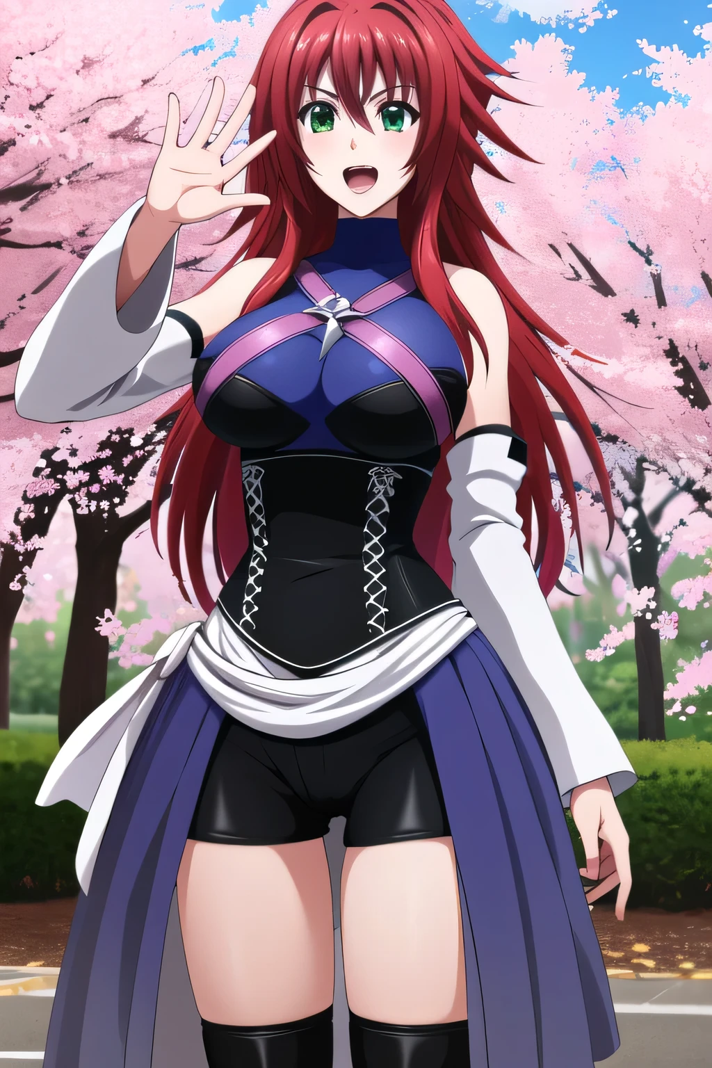 masterpiece, best quality, highres,  rias gremory, huge ahoge, long hair, hair between eyes, green eyes, red hair, huge breasts, turtleneck, harness, blue shirt, detached sleeves, corset, black shorts, waist cape, black thighhighs, smile, open mouth, waving, standing, cowboy shot, cherry blossoms, outdoors,