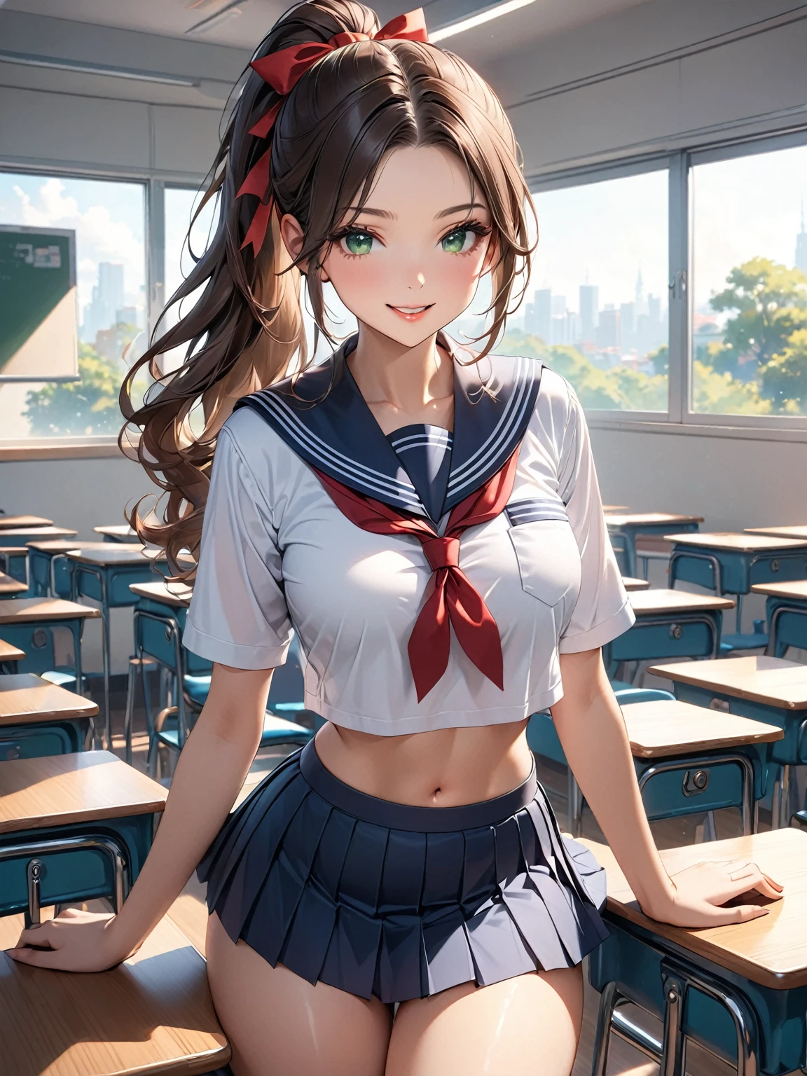 18-year-old female、Fan-like pose、Wide-open legs、Female organ、Nipples、pubic hair、time々Arya next to me is whispering in Russian.、Russian women、high school girl、Sailor suit、mini skirt、Knee-high socks、Silver Hair、In the back of a Japanese high school classroom、Please sit down、smile