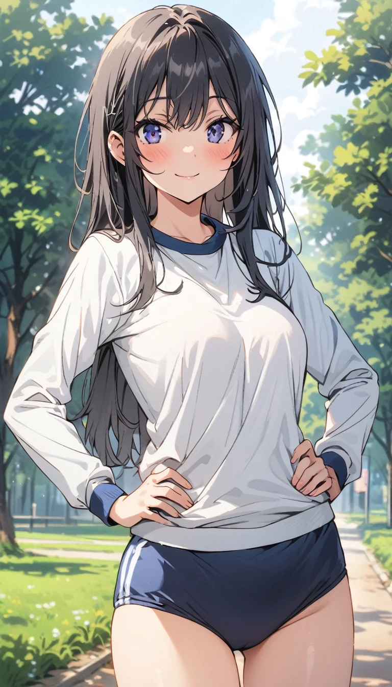 Beauty　smile　Embarrassing　blush　tits　White long sleeve gym clothes　pubic hair　Dark blue buruma　Hands on hips　School grounds　Photograph the whole body