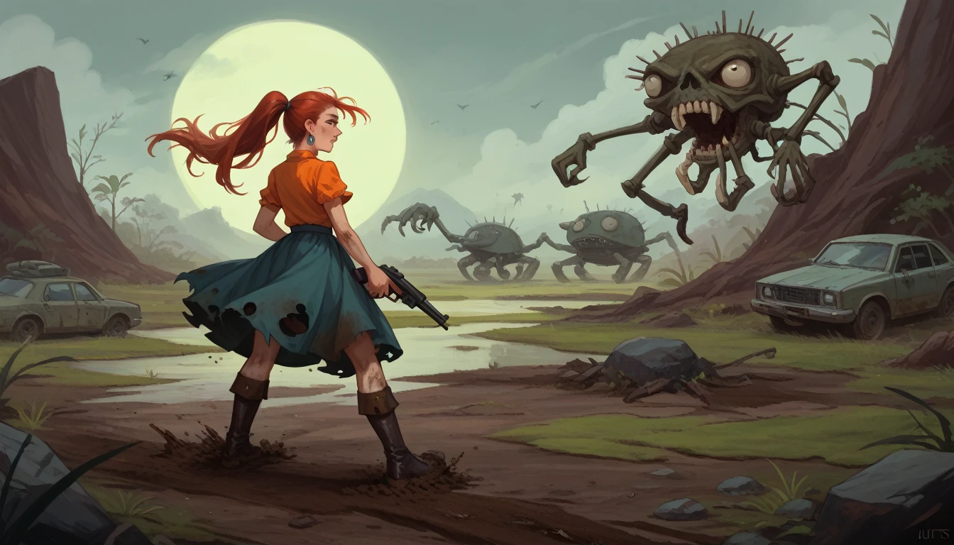 dynamic colourful painting. a overgrown swamp battlefield with broken rusty vehicles and engines piled high, rocks in the ground, puddles of mud. huts in the distance. an elegant Korean female in her 30's with long red hair in a ponytail, earrings, silver jewellery, loose open orange blouse, torn cyan flowing skirt. patent black over-the-knee boots, holding a gun. dynamically stepping on a horde of snarling skeletal ghouls. hot and humid.