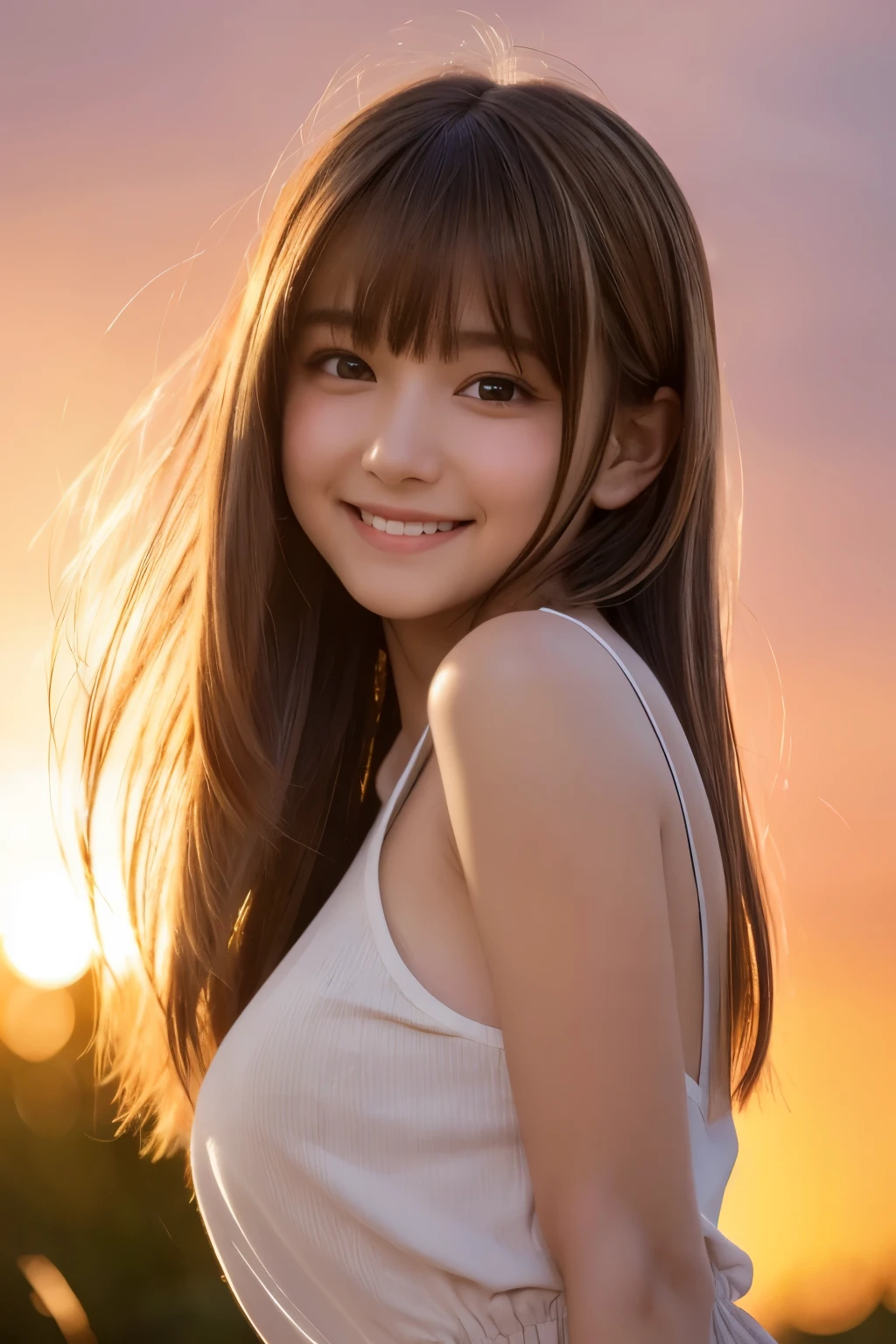 (masterpiece)、((top-quality))、(ultra-detailliert)、((extremely delicate and beautiful))、(((incredibly absurdness)))、((perfect bodies)))、1girl in、独奏、A dark-haired、{{{maternal}}}、Medium chest、Happy smile、white t-shirts、mare+Background with、Sun flower、dynamic ungle、female focus on、{Particles of light}、细致Background with、((paul hedley)))、Soft lighting、Evening glow、Orange sunset、Happy smile、Live action、realisitic、Looking at the camera、Angle from above、cute smile face、the background is blurred.