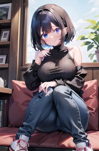 masterpiece, best quality, YelanV4, 1girl, solo, looking at viewer, blush, smile, large breasts, cleavage, green eyes, ((brown sweater, black legwear, ankle boots, boots:1.3)), couch, coffee, holding cup, ((hands on hip)), pelvic curtain, mole on breast, vision (genshin impact), cowboy shot