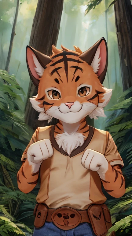 (1boy, solo, cat), highly insanely detailed, masterpiece, top quality, best quality, highres, 4k, 8k, RAW photo),((Cowboy shot)),((Paw pose)),From the front, symmetrical composition,smile,cute,Innocent,Kind eyes,(Tsukasa Hojo Style),forest,(wilykat), standing, two toned brown vest, thundera belt