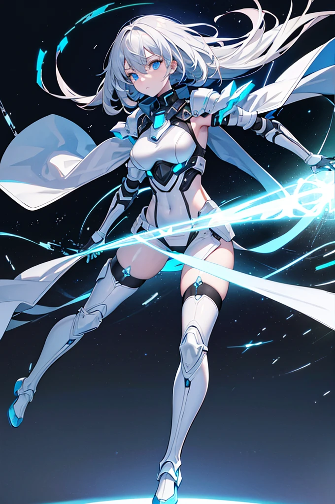 A captivating hyper-realistic 3D render of a mesmerizing mecha girl with striking blue hair and piercing light blue eyes. Her sleek, intricate armor fuses white, black, red, and blue hues, adorned with golden accents and a double-fin funnel reminiscent of the iconic "UNIVERSE MECHA" logo. The powerful mech girl is depicted in a dynamic battle pose, showcasing her impressive weaponry and her elegant, muscular body. The artwork's cinematic quality features hyper-detail and ultra-quality, drawing the viewer into the depth of texture and intricacy. The artist's signature, "Dragonsteel7," is prominently displayed, adding credibility to this vibrant and immersive illustration.