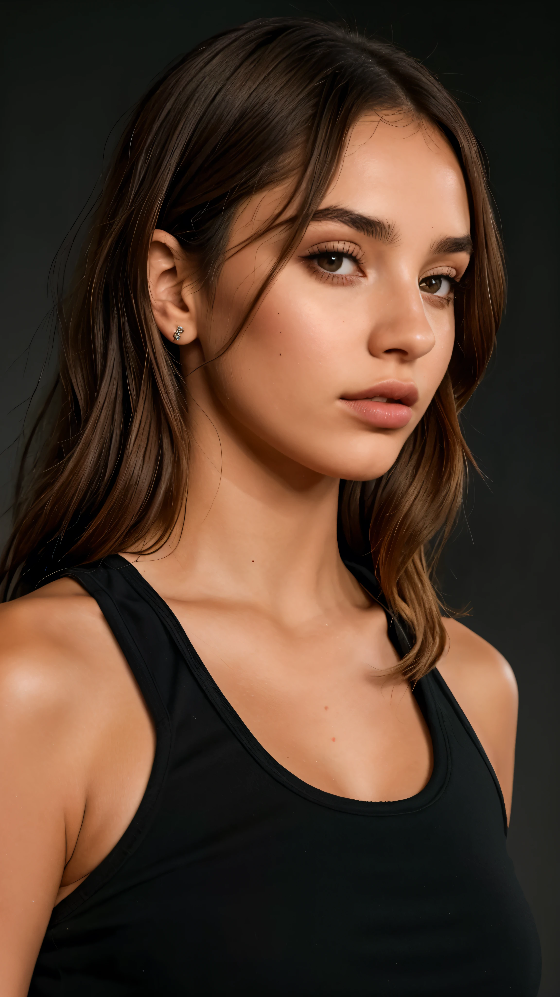 a close up of a woman in a black blouse and a cell phone, Retrato de Sophie Mudd, inspired by Emma Andijewska, defined chin, beautiful cheekbones, strong cheese, retrato emily ratajkowski, well defined chin, chiseled chin, ana de armas portrait, defined cheekbones, moist skin, ellie victoria gale