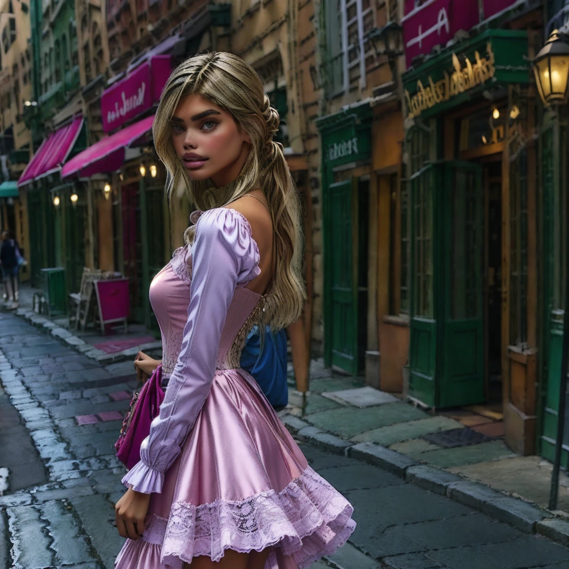 slmn, sara sampaio,1girl, skinny,  petite, (blonde_hair), masterpiece,best quality,highres,ultra-detailed,aadarjeeling,braid,bangs,medieval,long sleeves, rapunzel dress is a pink-colored gown with puffed sleeves and a corset-style bodice. The bodice is typically decorated with intricate lace or floral embroidery. The skirt flows out from the waist, made of layers of soft, pastel-colored fabric, such as chiffon or tulle.old village,standing,:smile, from side