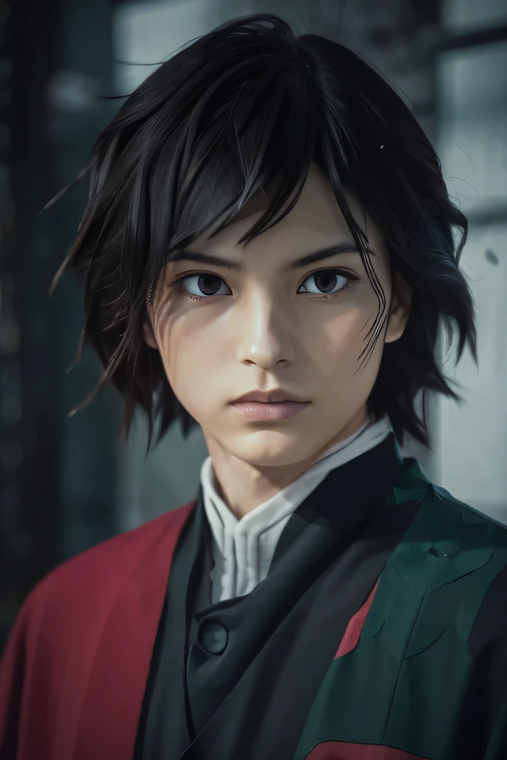 A detailed and lifelike portrait of Giyu Tomioka from the Demon Slayer anime, featuring a young male character with a serious expression, long dark hair, and wearing a traditional Japanese uniform, (best quality,4k,8k,highres,masterpiece:1.2),ultra-detailed,(realistic,photorealistic,photo-realistic:1.37),highly detailed face, striking eyes, elegant facial features, intricate clothing folds, atmospheric lighting, moody colors, cinematic composition, professional digital art