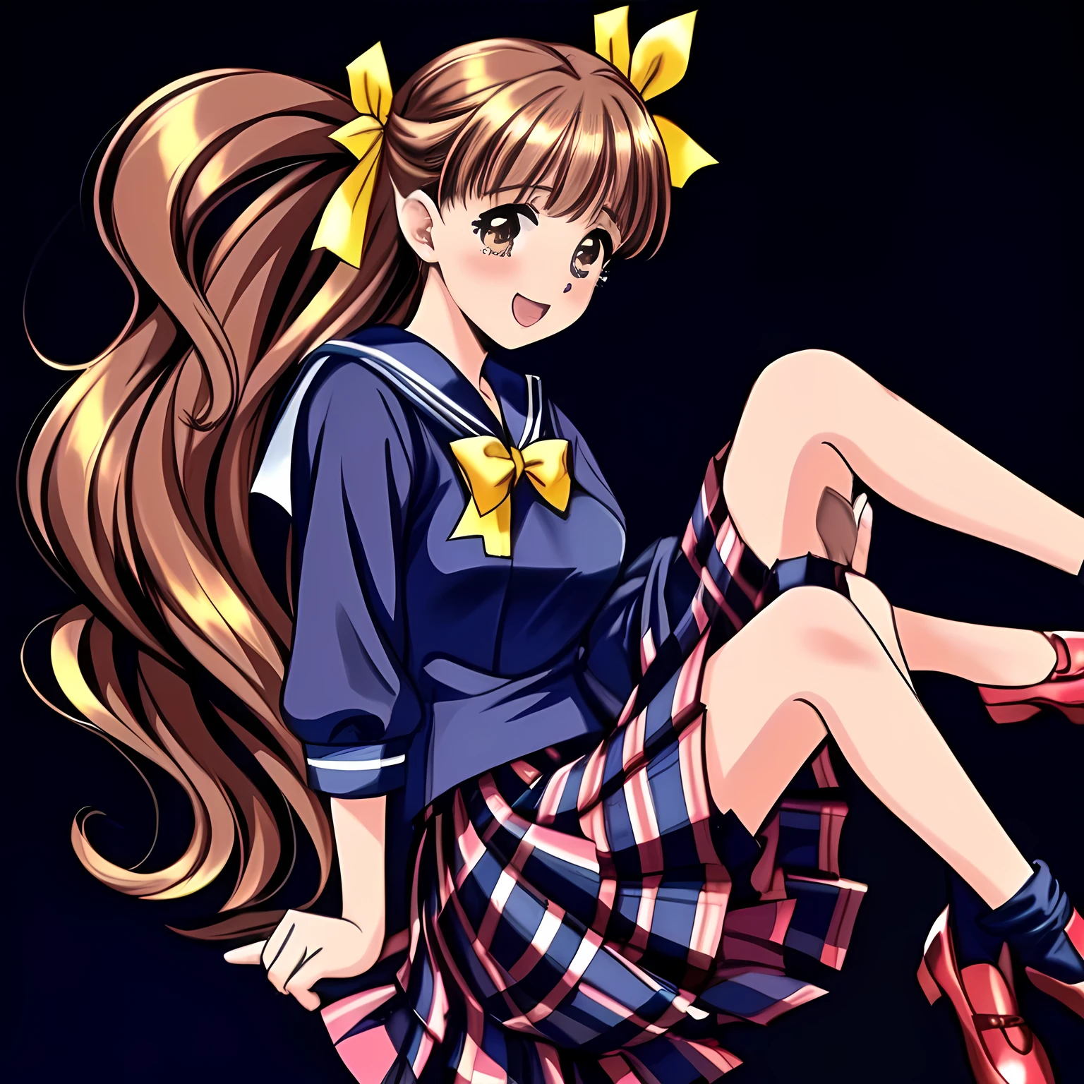 (highest quality, masterpiece: 1.6), (Some beautiful noble beautiful anime noble heroines, Noble like a princess, feeling too funny about me, giggling at me, can't stop laughing with much tears, wares blue sailor-styled uniform, seated deeply, looking to me with love, and forcing me fall into deep harem of siren and succubi, Noble Elegant but lecherous salacious insane and lascivious, navy sailor uniform: 1.5), (Anime-heroine's girly noble laughing giggling brown eyes, laughing at me: 1.6), (Realistic Charming neat navy-colored very-neat well-pleated long tartan-checkered school skirt is extended under her knees: 1.5), (black background: 1.7), (Eyes, face and hair, and skirt is especially cutely detailed and carefully drawn), (Girl whom everyone loves because of her beauty and lovely fashion and noble manner and mind of succubus and magic-charm of succubus: 1.0), (Very beautiful, wavy, cutely super-super-long straight gorgeous rich black hair like hair model, with elegant big yellow hair ribbons: 1.3), (Drives me crazy for their neat skirts and Make me fall into their skirts: 1.5), full body shot