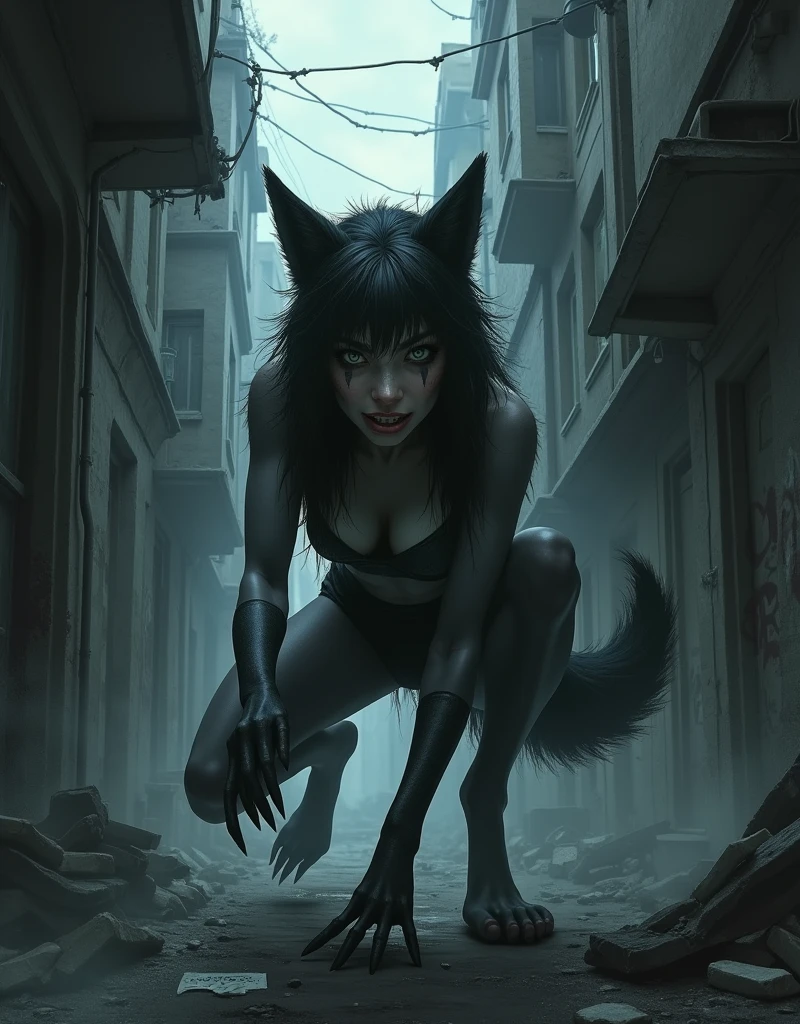 Bold girl standing, cat ears, seductive, medium breasts, black lipstick, sweaty body, torn black t-shirt, short and torn black shorts, black boot, black claws, big black hair, thin, attractive fabric, blood-stained hands. (Warehouse at night, dawn, old and abandoned place at night, night, dust flying, apocalyptic scenery, city destroyed at night). (ambient lighting, masterpiece, seducing, depth of field, Full HD, 4K, wide-angle lens, richness of detail). Hollywood Style