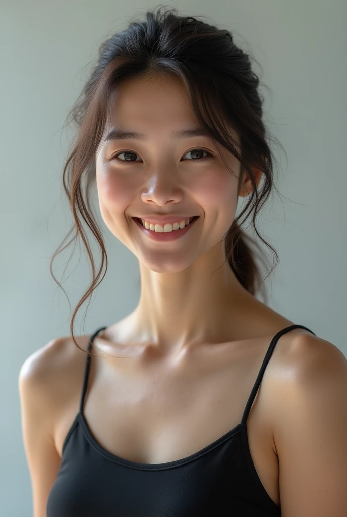 A shy smile、Portrait Photography、A beautiful gal-style athlete wearing a sports bra。