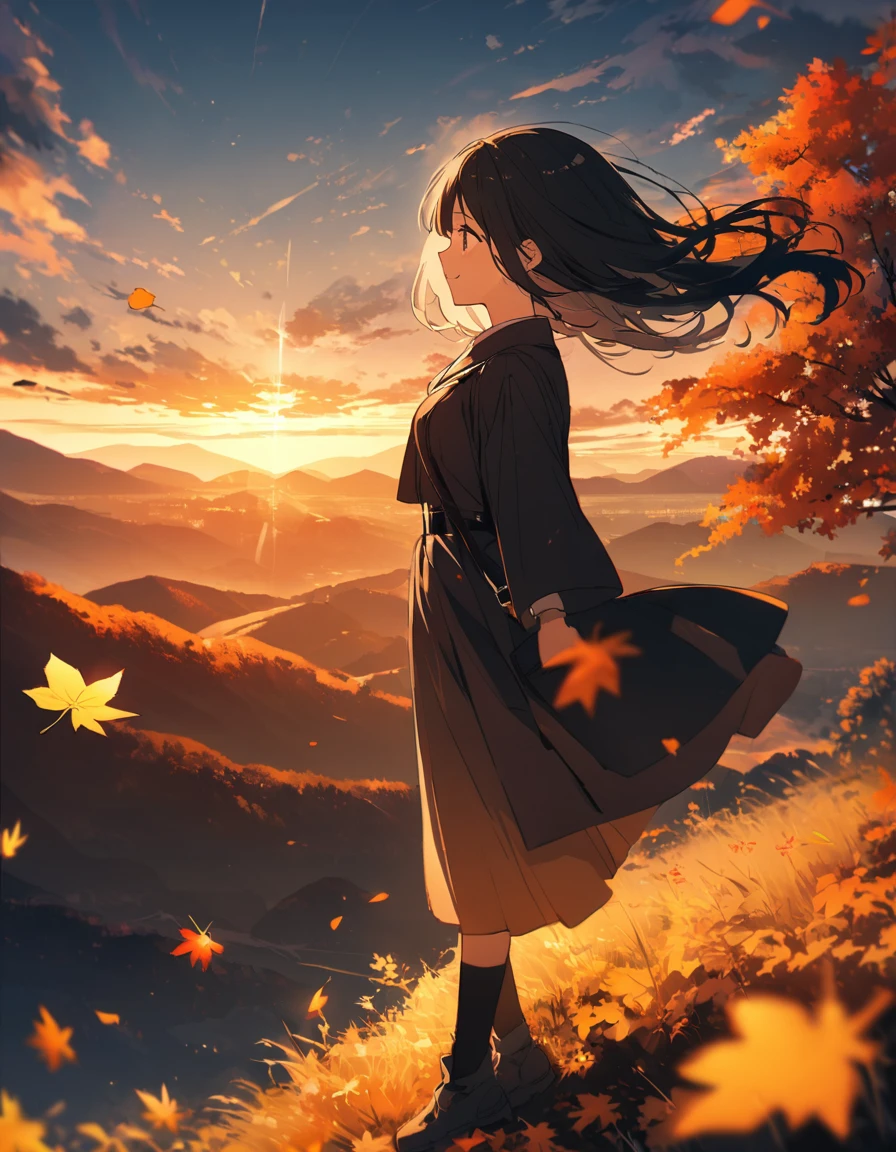 「Golden autumn sunset、気球に乗る女性andその膝の上にちょこんand座る猫。 Mountains with autumn leaves in the distance々and、Orange light spreading across the sky。 「The wind blows the woman&#39;s hair、The cat is watching the scene。」