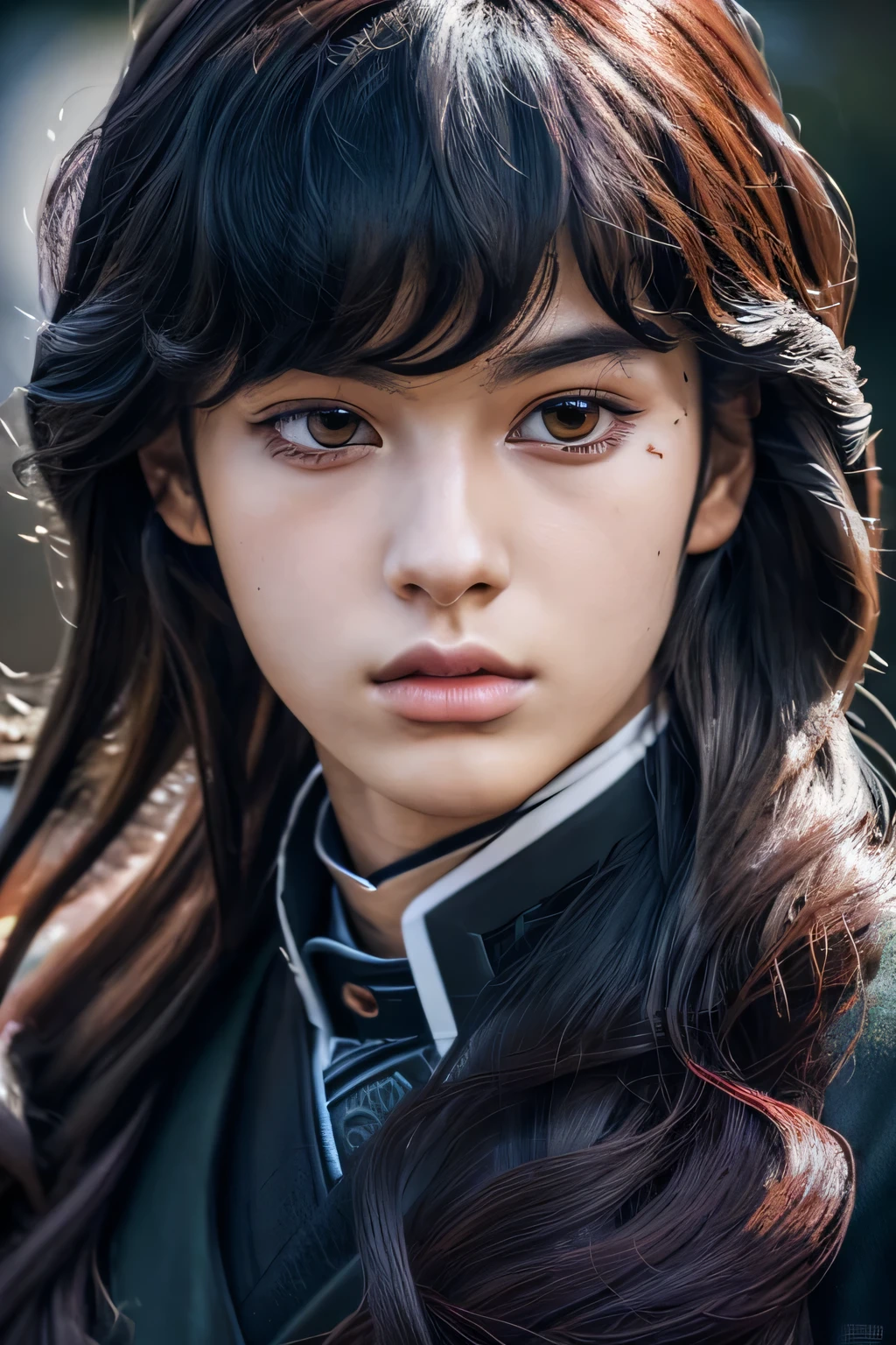 a realistic portrait of muichiro from demon slayer, detailed face, beautiful detailed eyes, beautiful detailed lips, extremely detailed eyes and face, long eyelashes, young male character, looking serious, close-up shot, hyper detailed, 8k, photorealistic, cinematic lighting, dramatic shadows, deep rich colors, intricate details, masterpiece, long hair, mists