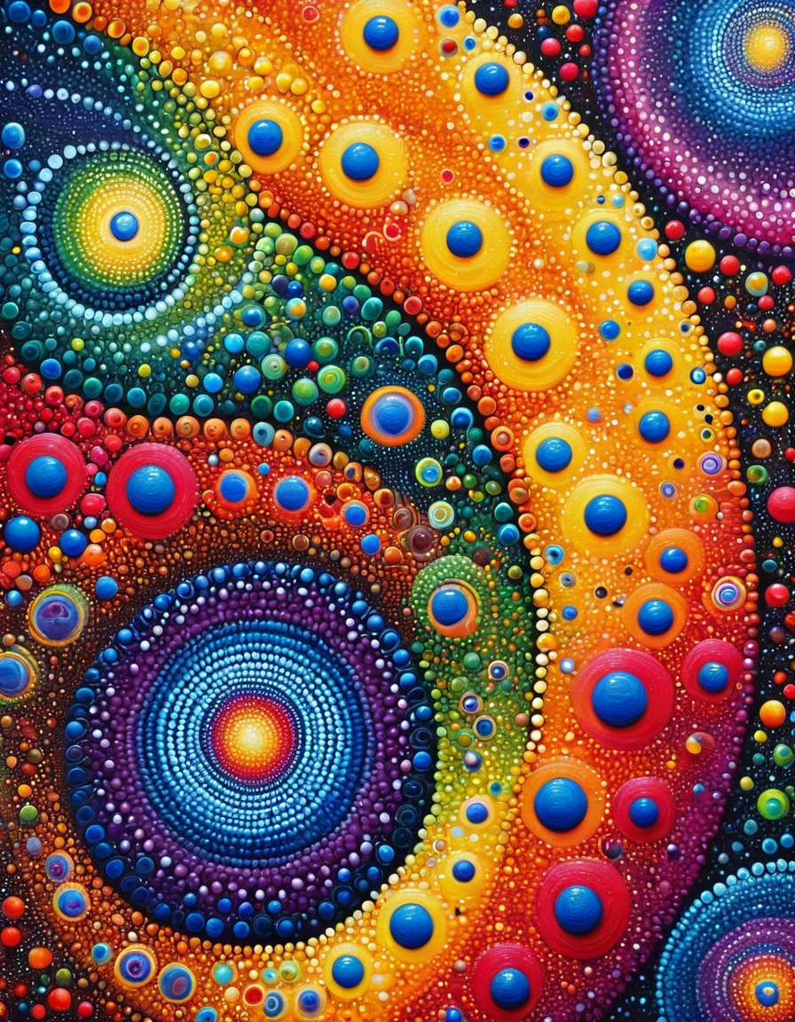 a painting of a colorful spiral design with dots on it, colourful artwork, a pointillism painting, colourful!! highly detailed, dot painting, detailed acrylic painting, detailed acrylic, bright and colourful, detailed paintings, saturated pointillism, aboriginal art, very colourful, colorful painting, pointillist style, intricate details painting, intricate organic painting, unique and intricate painting