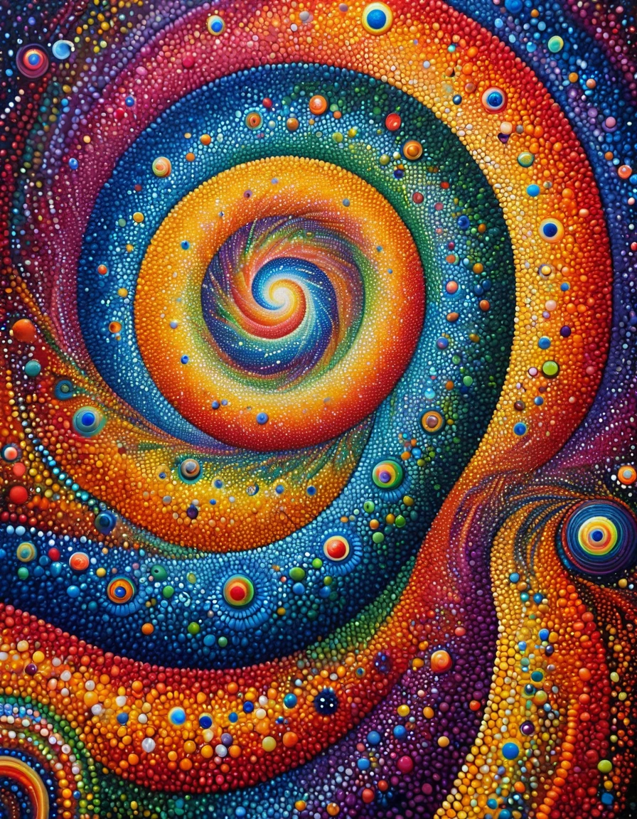 a painting of a colorful spiral design with dots on it, colourful artwork, a pointillism painting, colourful!! highly detailed, dot painting, detailed acrylic painting, detailed acrylic, bright and colourful, detailed paintings, saturated pointillism, aboriginal art, very colourful, colorful painting, pointillist style, intricate details painting, intricate organic painting, unique and intricate painting