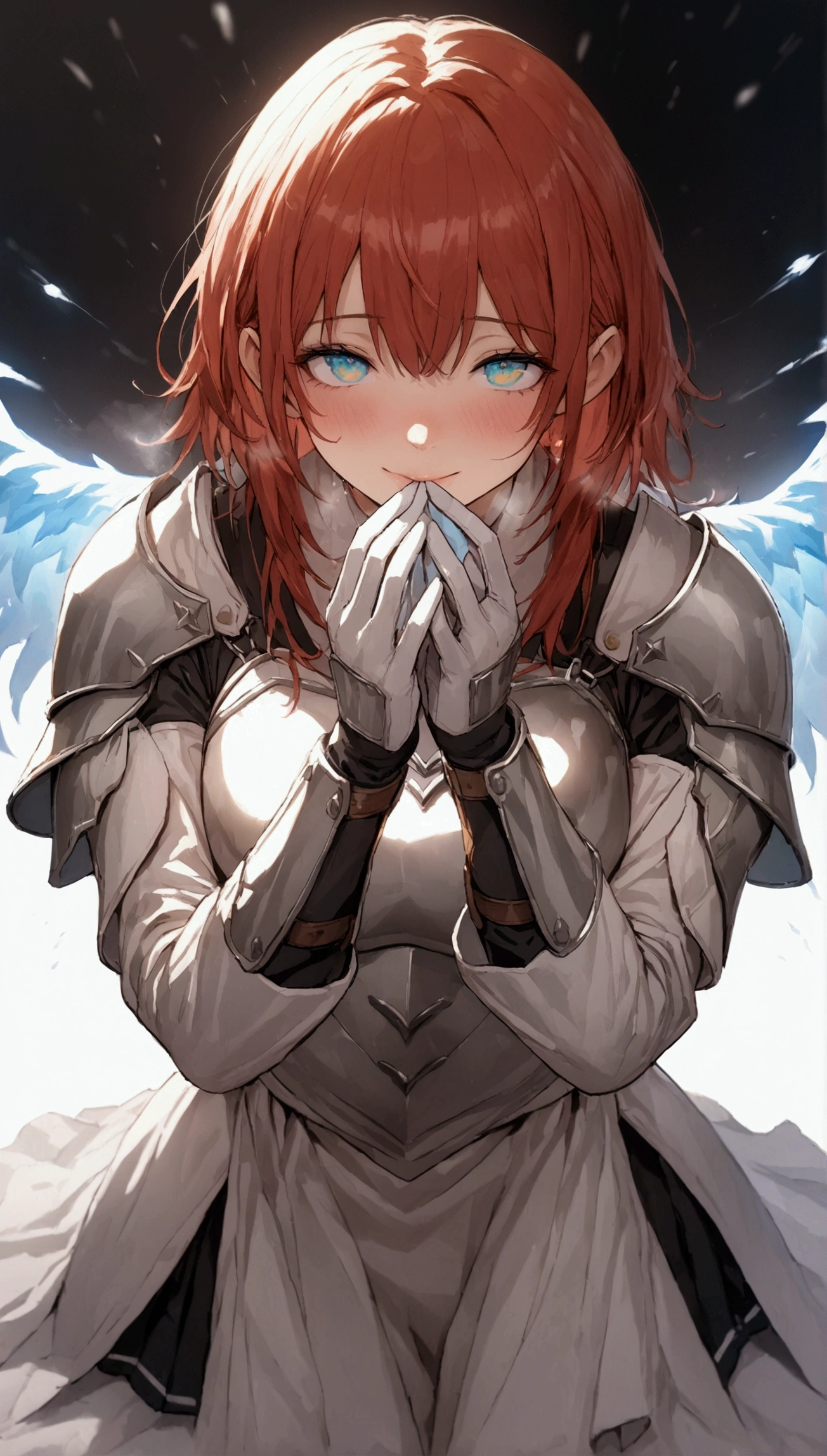 ((Masterpiece)), (((best quality))), hips wide open, ((Beetle eyes wide open blue colour)), long brown hair, ((shot White dress)), (((Paladin))), ((little girl)), (shy), (cute),