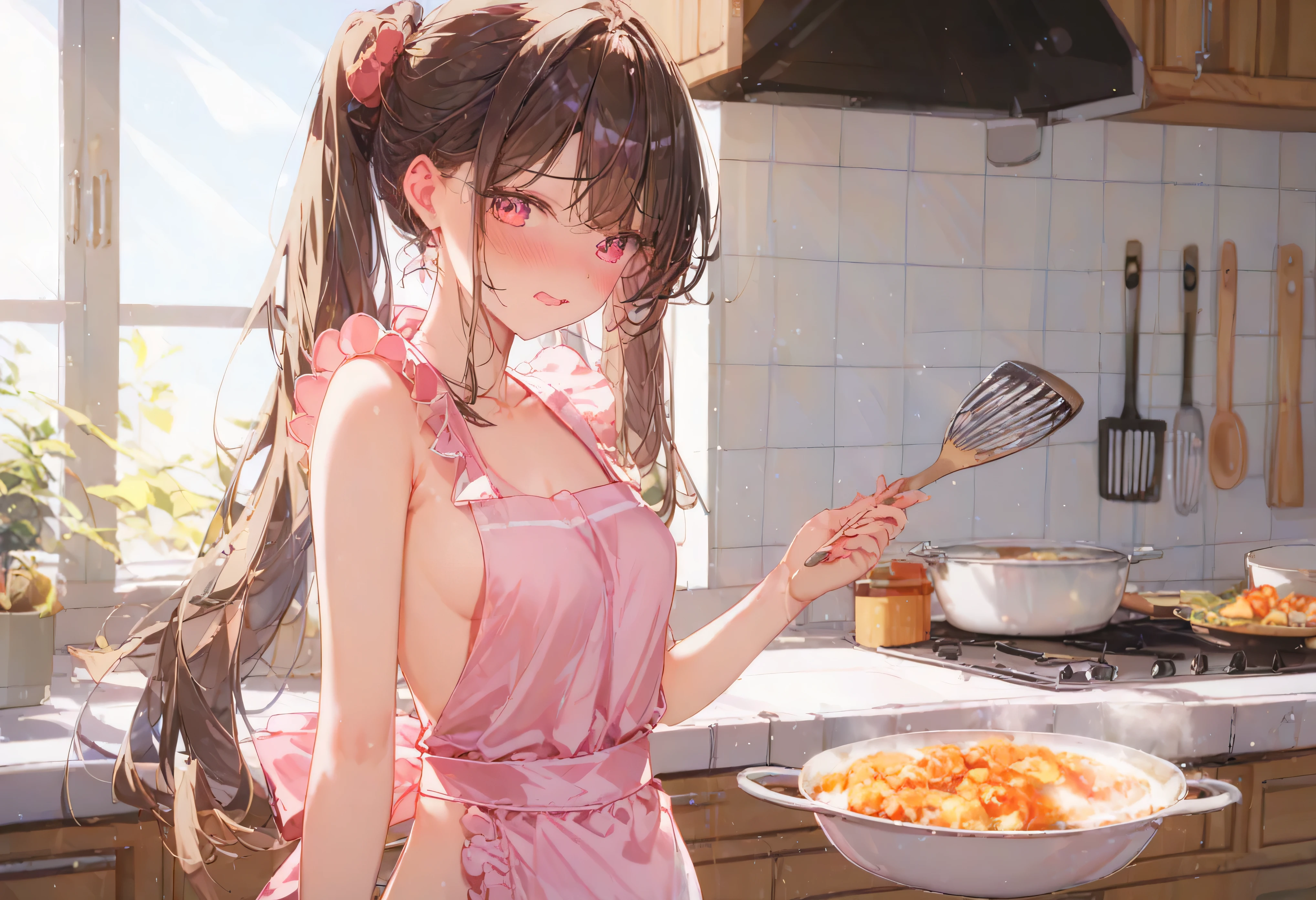 masterpiece、Ultra high definition、One Girl、 sister、Small breasts、(((Completely naked)))、Simple Apron、Very long hair、Dark brown hair、bangs、Braiding、Soft hair、White skin、((Embarrassed expression))、Red cheeks、(((Naked Apron)))、Look back、kitchen、Cooking