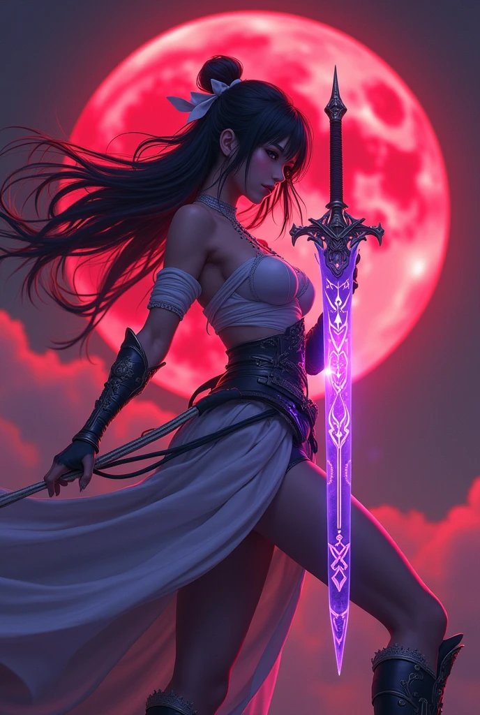 (Best Quality, 8K, Masterpiece: 1.2, Photorealistic: 1.37).a very shy magical beautiful girl with long dark black hair, piercing blue eyes. Dressed as an ?????? ninja in miniskirt, wielding a magic sword, scary diabolical world, (EXTREMELY HUGE BREASTS), wide neckline, image of a full-body woman..Description of extreme details, vivid and intense colors, vibrant colors, bright eye,image 3D,breasts 3D,((mejor calidad)), ((obra maestra)), (detallado), ((alta resolución)), photorealistic, hyperrealistic, 8k, highly detailed