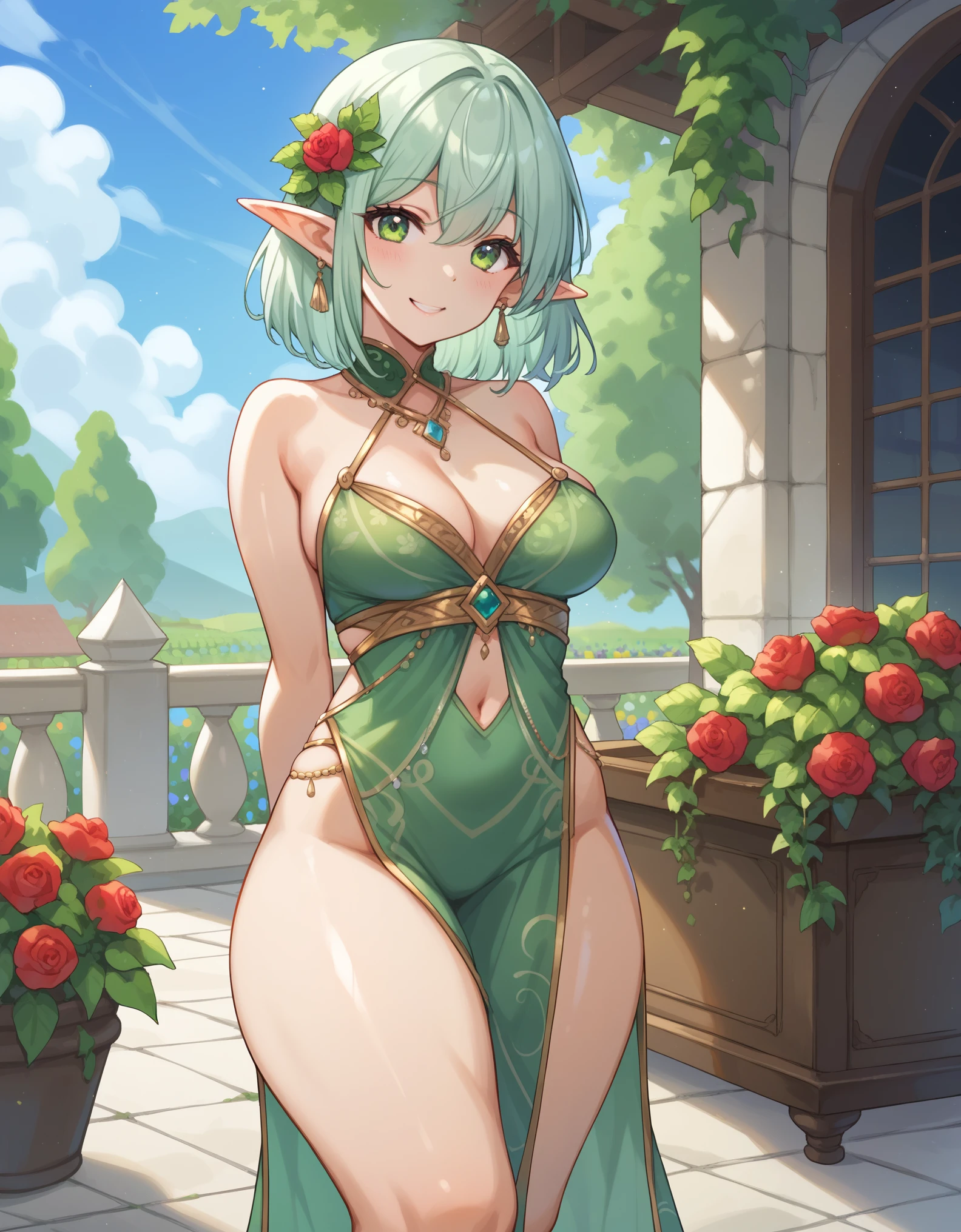 score_9, score_8_up, score_7_up, 1girl, courtyard, hip vent, flowers, vineyard, elf, long green silk dress, (thick thighs), smile, leaning on object, arms behind back