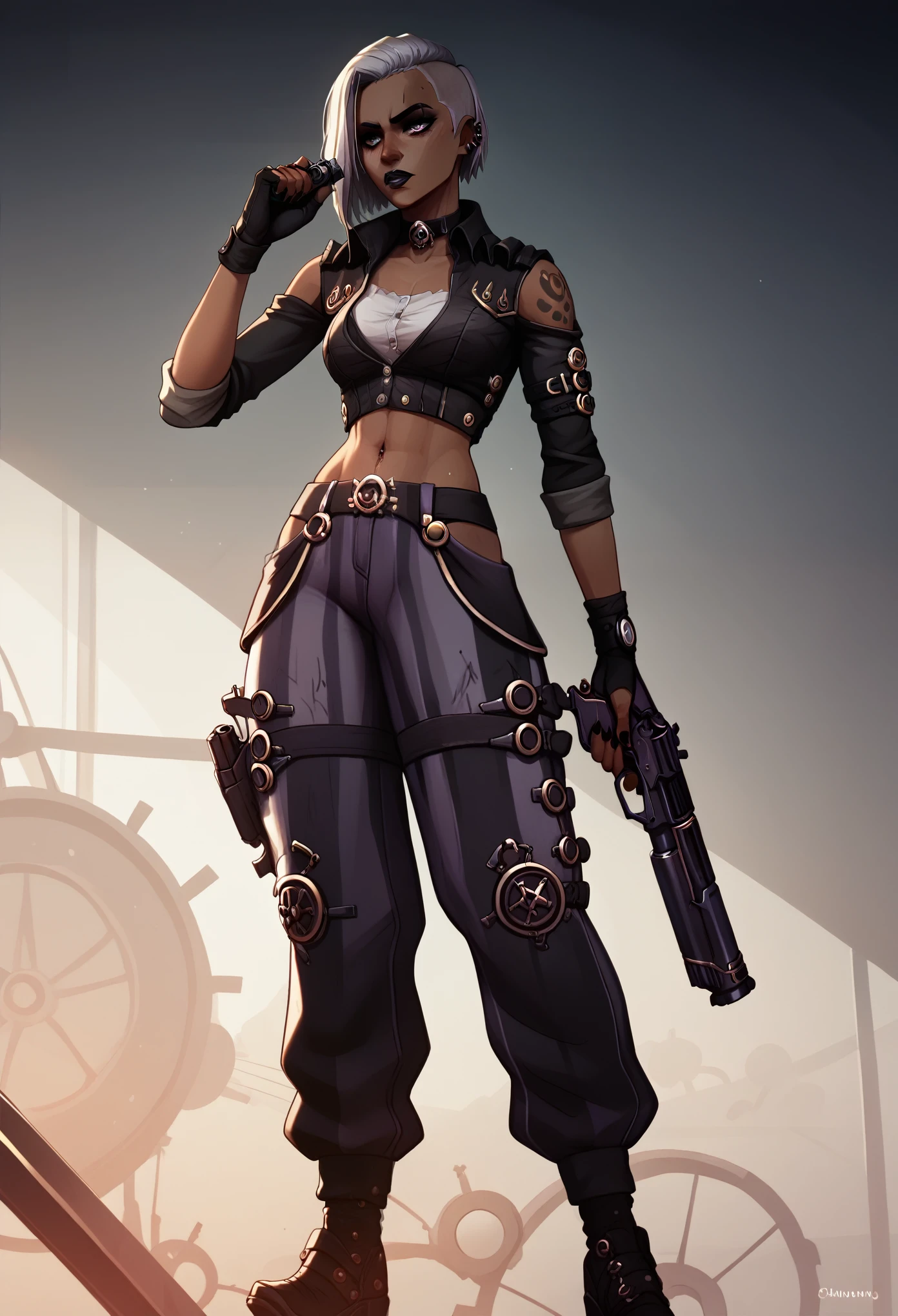 An girl outfit for a character from the series arcane, grunge/goth dark clothes, dark skin, fluo purple, baggy pants and clothes, detailed clothes, Steampunk, gun, silver