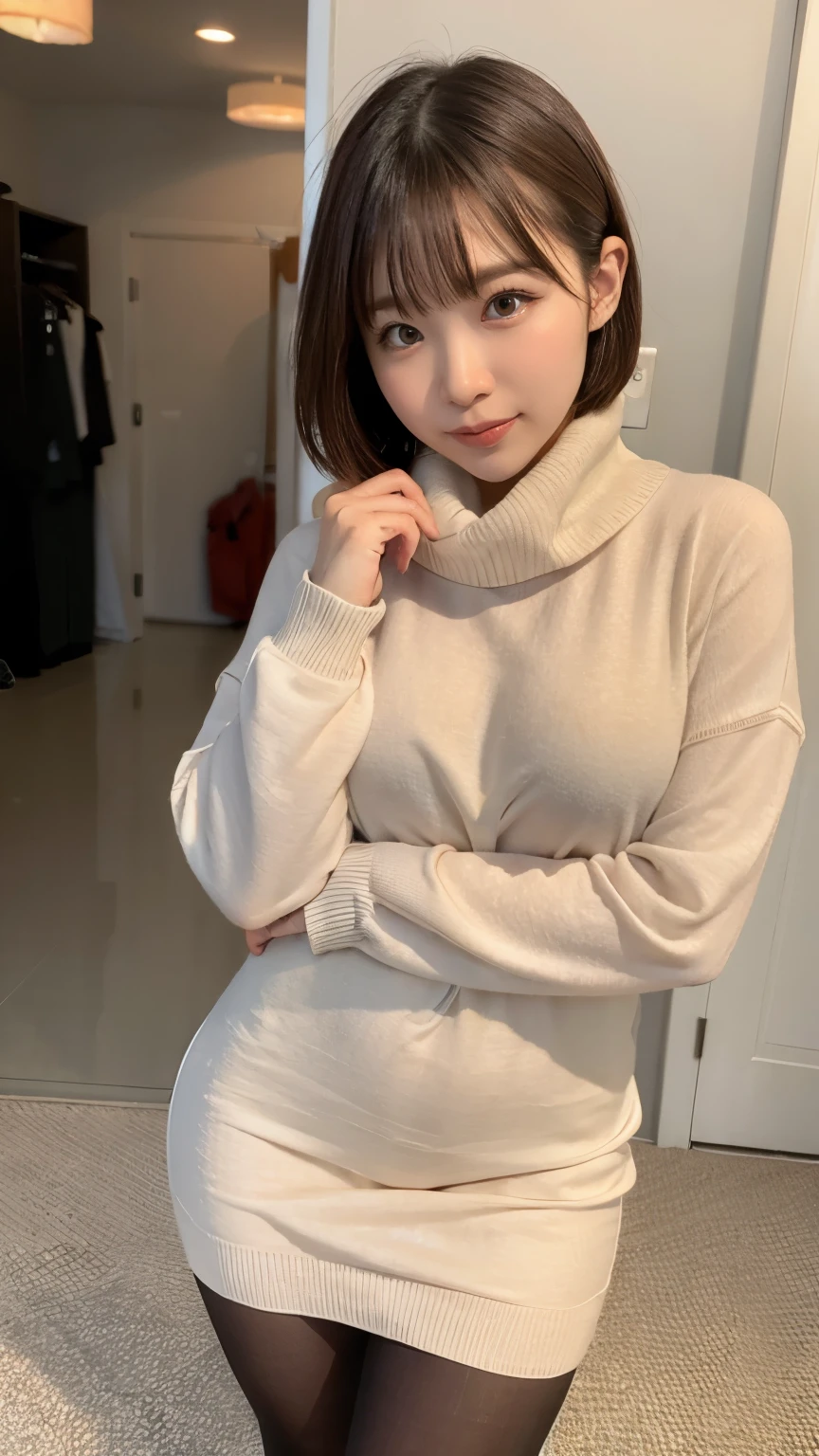 ((Realistic lighting, best qualtiy, 8k, tmasterpiece:1.3)), 1girl, Beautiful Women with Perfect Figure:1.4, Slim abs:1.1, ((dark brown hair)),(exteriors,during night:1.1), Ultra-fine face,Fine eyes,double eyelid, 40 years old, Japanese lady, show whole body from top to legs, , ((realistic)), in a hotel room, wearing tight knit sweaters
