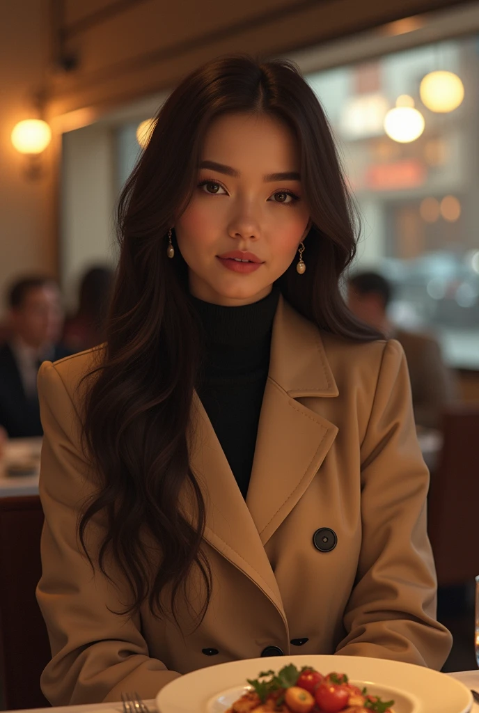 Create an image of a cute Japanese-Spanish mixed girl aged 20. She is standing in an urban setting or a trendy café, wearing a stylish and chic outfit. delicate fair skin, small breast. The background should feature modern city elements or a cozy, aesthetically pleasing café vibe. The overall look should be fashionable and inspiring, with the woman exuding confidence and a touch of glamour. ethereal look, characterized by her delicate and soft facial features. Her medium long, silky hair should flow gracefully, complementing her slim and slender build