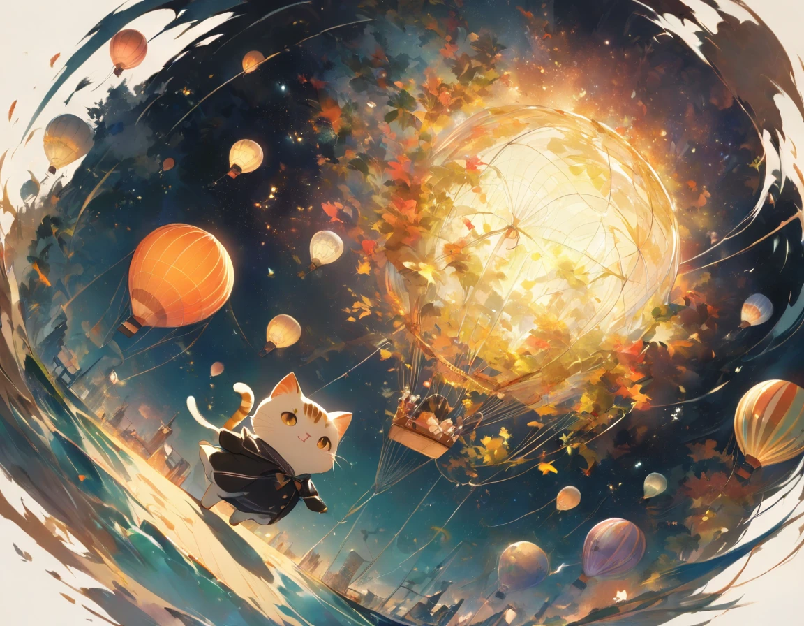 ((Best Quality)), ((masterpiece)), (detailed), 8k、「A hot air balloon ride through the clear autumn night sky、A woman looks up at the starry sky。The cat on my lap is also looking in the same direction.、In the sky」 「silver star々is rising。The cold autumn wind blows、The silence feels good。」Conceptual Art, jpeg artifacts, First Person View, Nearby cats, Ultra-high resolution, Anatomically correct, Attention to detail, 超detailed、Full body